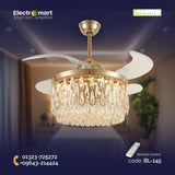 Chandelier Ceiling Fan – Breeze Lux 4 Blade 48" with LED Light & Remote (BL-145, S-Gold, Transparent Blades, Crystal Lampshade)