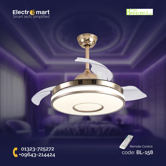 Chandelier Ceiling Fan – Breeze Lux 4 Blade 36" with Acrylic Lampshade & Remote (BL-158, S-Gold, Transparent Blades)