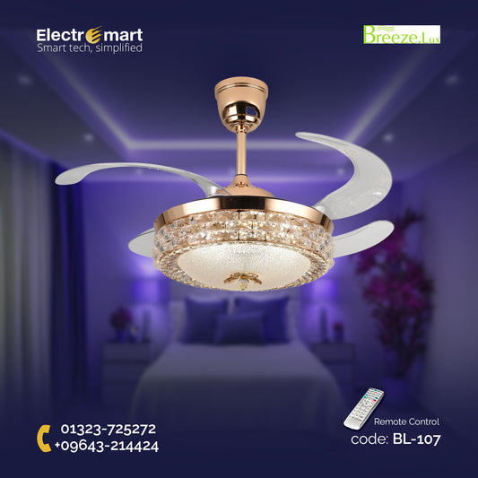 Chandelier Ceiling Fan – Breeze Lux 4 Blade 48" with Crystal Lampshade & Remote (BL-107, S-Gold, Transparent Blades, 96W LED)