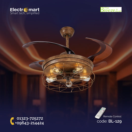 Chandelier Ceiling Fan – Breeze Lux 4 Blade 48" with E27 Light Holders & Remote (BL-129, Weather Wood, Coffee Blades)