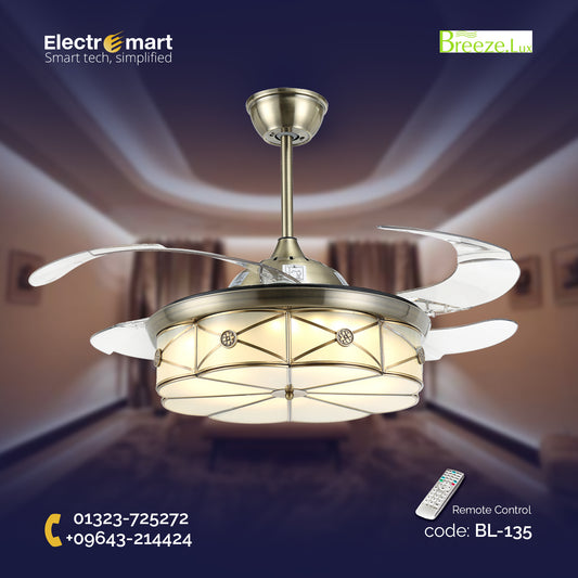 Chandelier Ceiling Fan – Breeze Lux 4 Blade 48" with Glass Lampshade & Remote (BL-135, Antique Bronze, Transparent Blades)