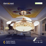 Chandelier Ceiling Fan – Breeze Lux 4 Blade 48" with Glass Lampshade & Remote (BL-136, S-Gold, Transparent Blades)