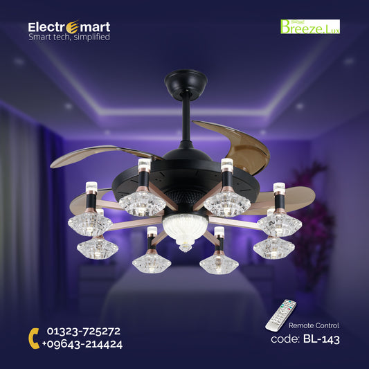 Chandelier Ceiling Fan – Breeze Lux 4 Blade 48" with Glass Lampshade & Remote (BL-143, Black & Gold, Coffee Blades)