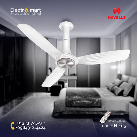 Havells Inox UL - 1200mm ABS ribbed blades Remote control IOT Enable Ceiling Fan (White)
