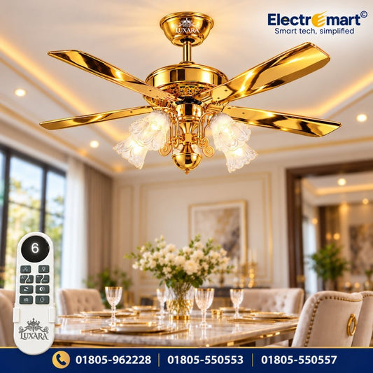 Luxara Grand Majestic 24K Royal Gold 56 Inch Luxury Chandelier Ceiling Fan with Handcrafted Floral Glass LED Light, Ultra-Silent BLDC Motor & Remote Control, LXGM-905