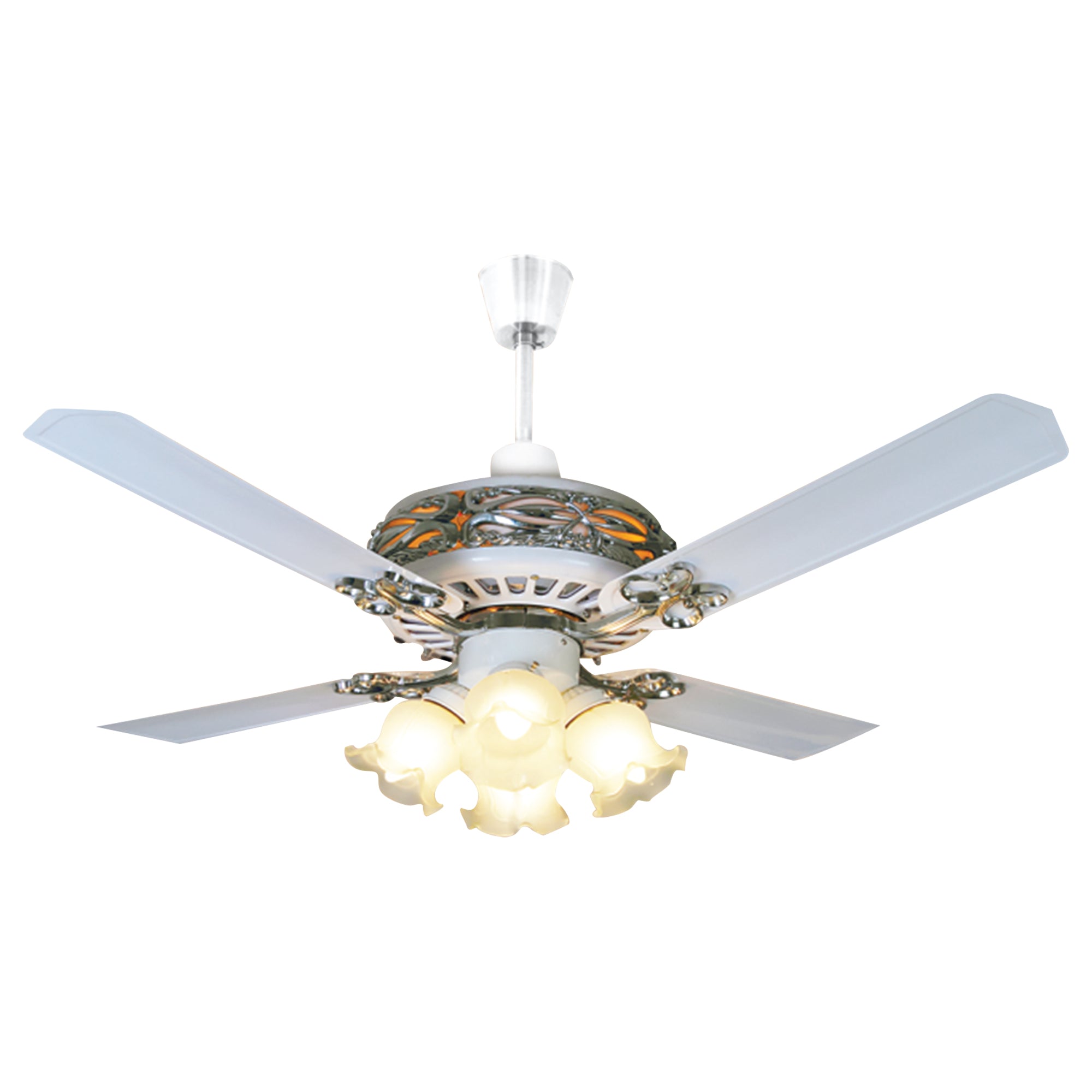 Hindware Desire 48 inch Ceiling Fan (Glossy White) with decorative lamp shades and copper motor – Price in Bangladesh