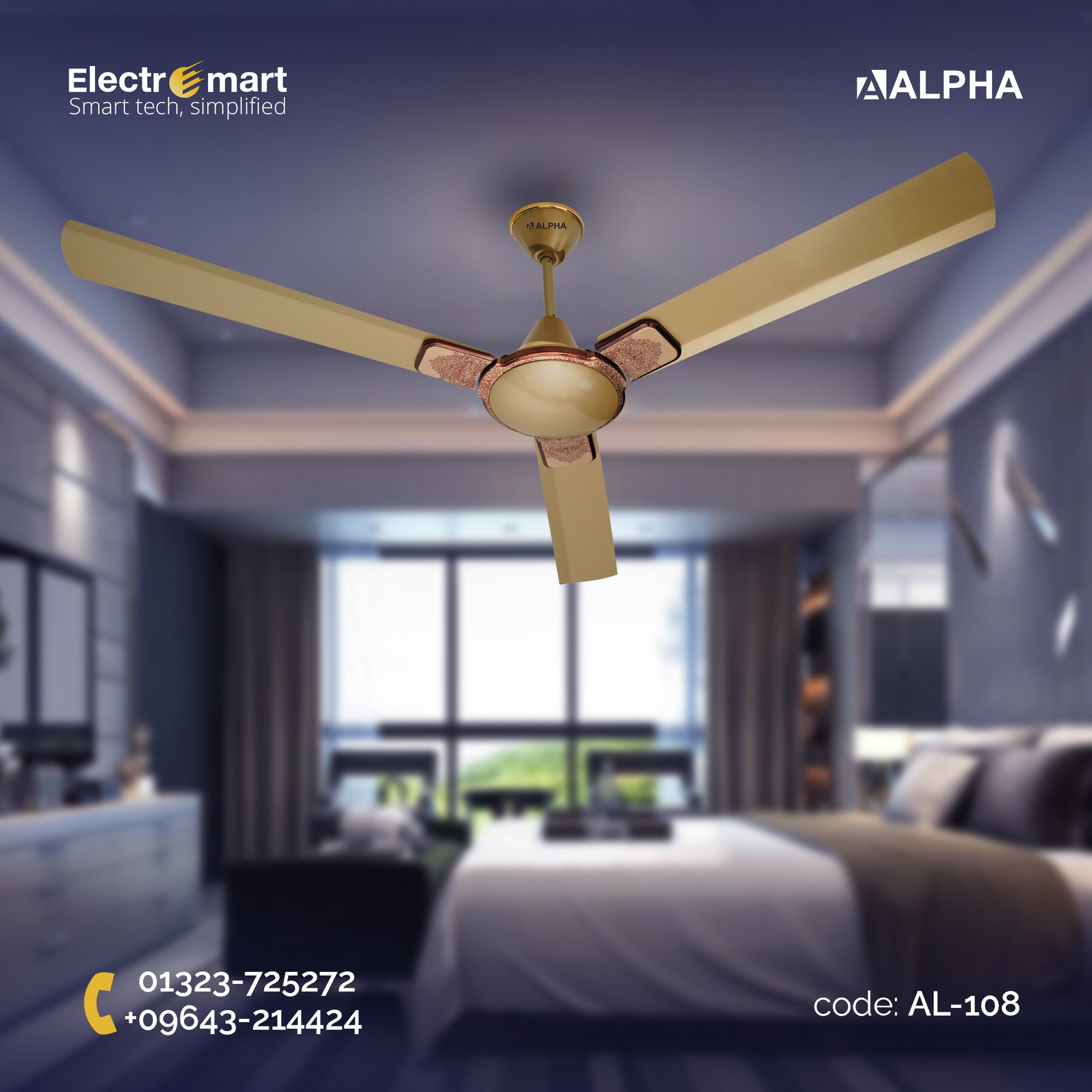 Alpha Entizer Signature Ceiling Fan (Hues Gold, 3 Blades) 56"/48" – premium designer ceiling fan with copper motor – Price in Bangladesh