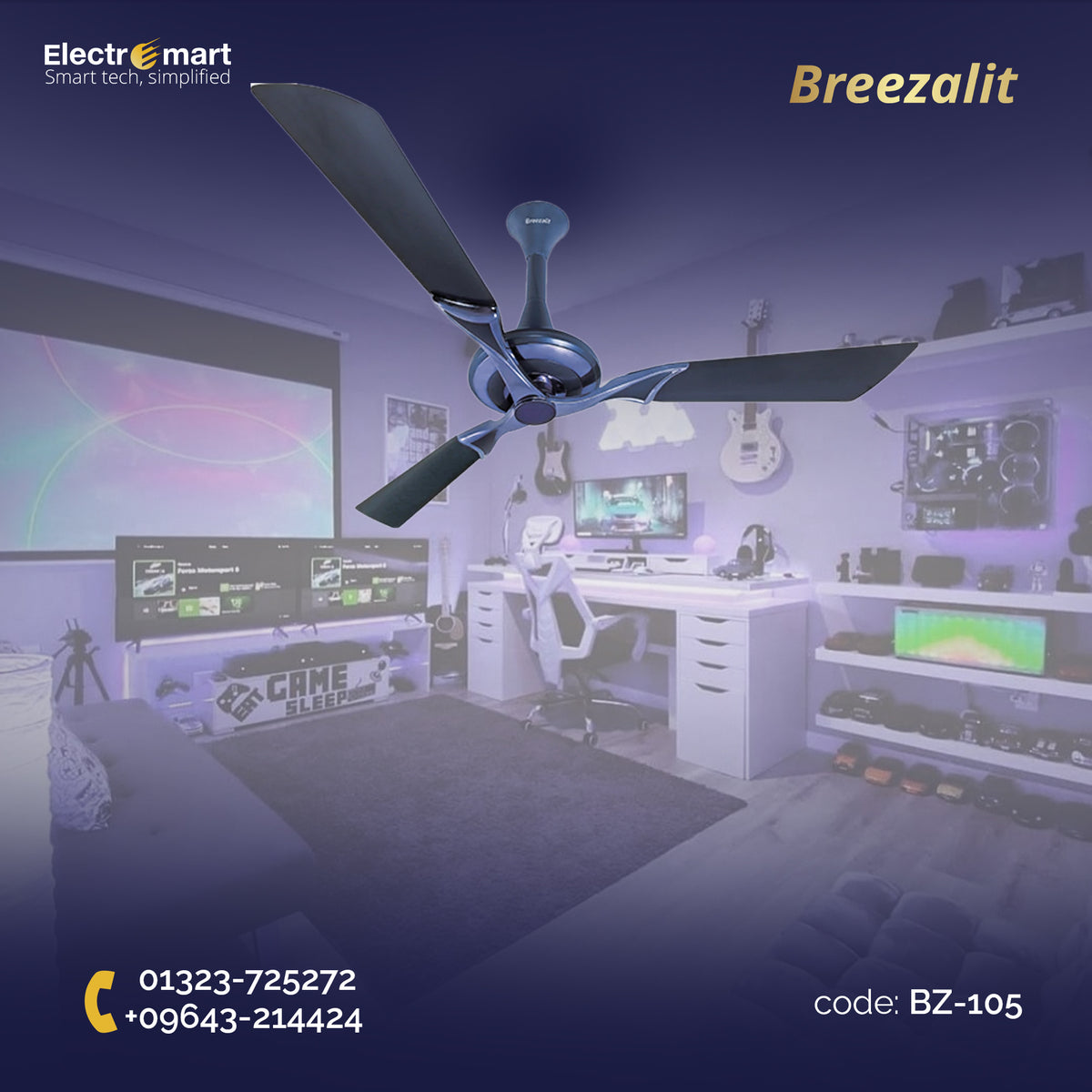 Breezalit Stella 3 blade 52″ Ceiling Fans - Titanium Blue (BZ-105)