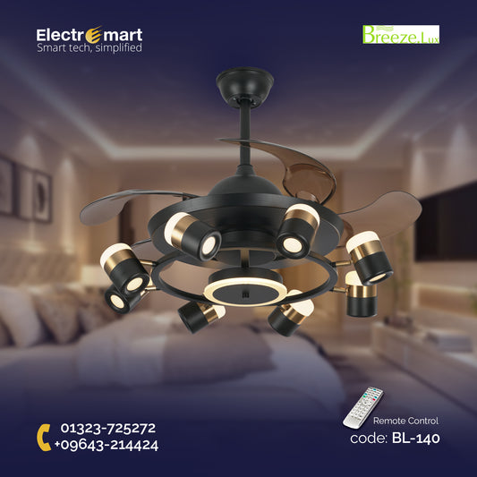 Chandelier Ceiling Fan – Breeze Lux 4 Blade 48" with LED Light & Remote (BL-140, Black & Gold, Coffee Blades)