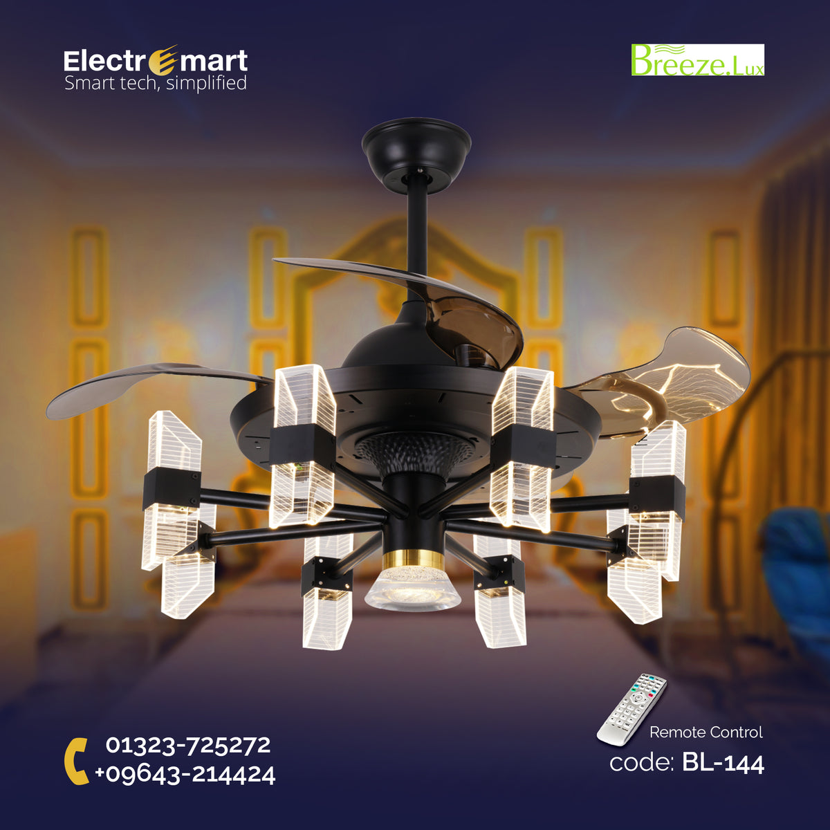 Chandelier Ceiling Fan – Breeze Lux 4 Blade 48" with LED Light & Remote (BL-144, Black & Gold, Coffee Blades)