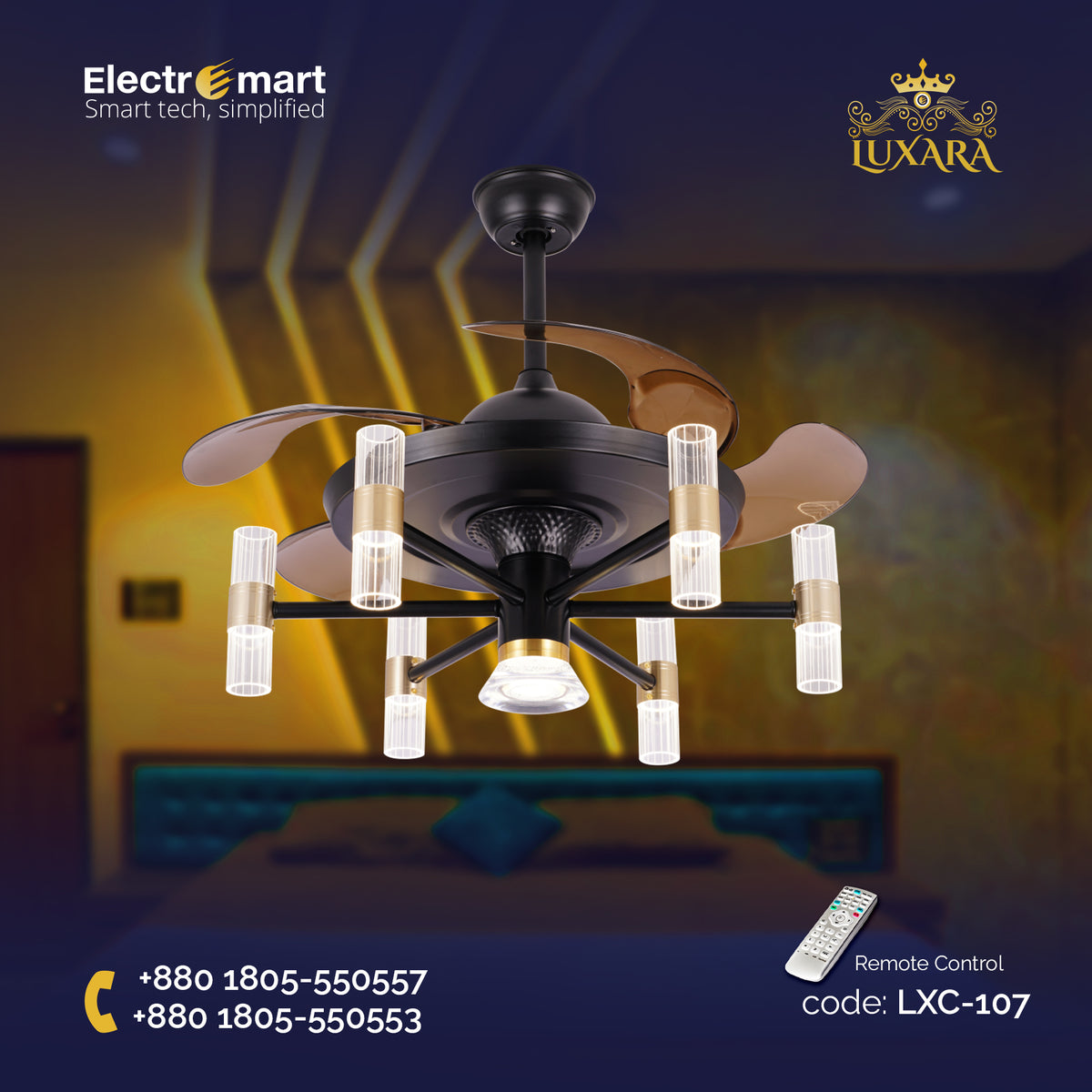 Luxara Chandelier Ceiling Fan (LXC-107) – Black & Gold with Coffee Blades