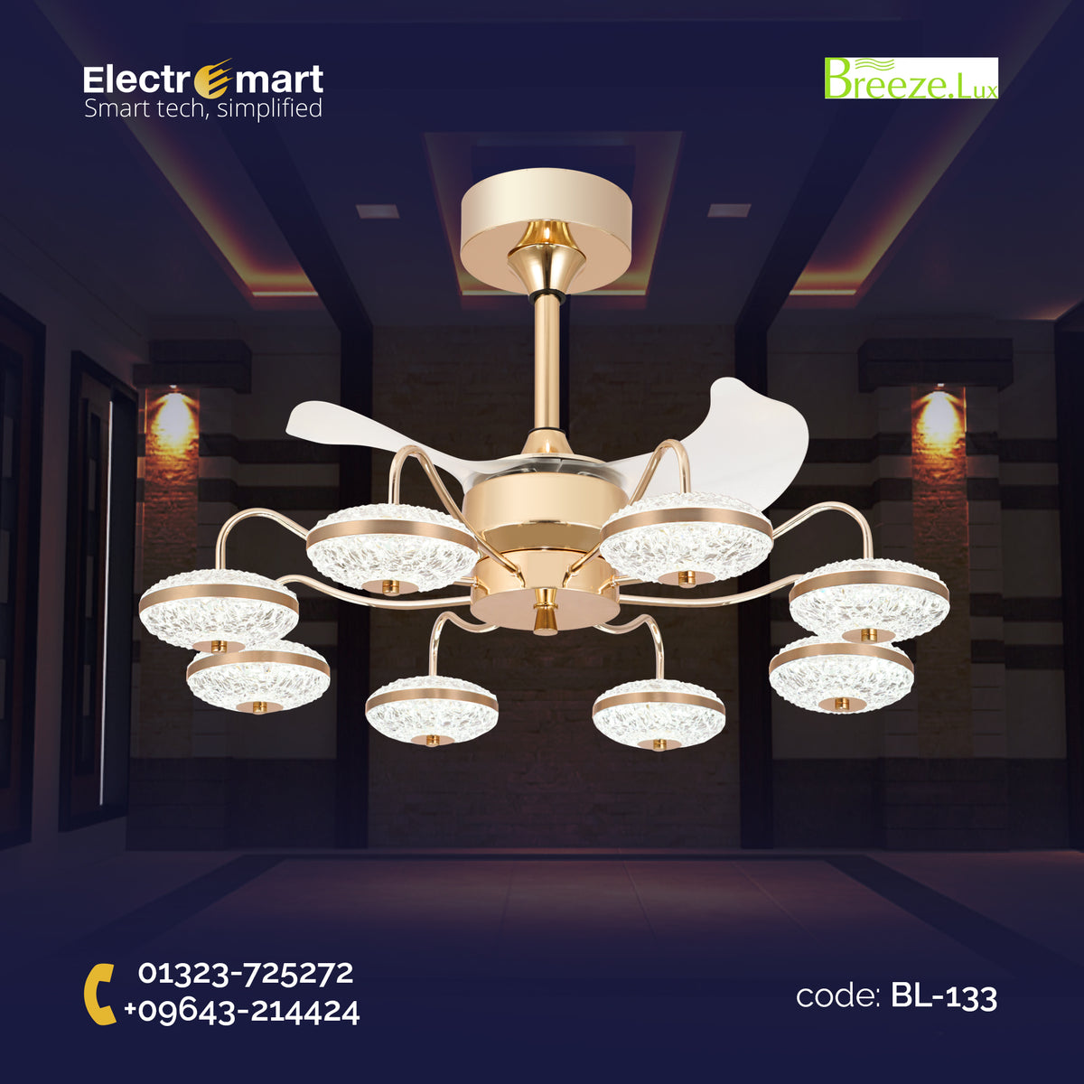 Chandelier Ceiling Fan – Breeze Lux 3 Blade 22" with LED Light & Remote (BL-133, Gold Body & Frosted Blades)