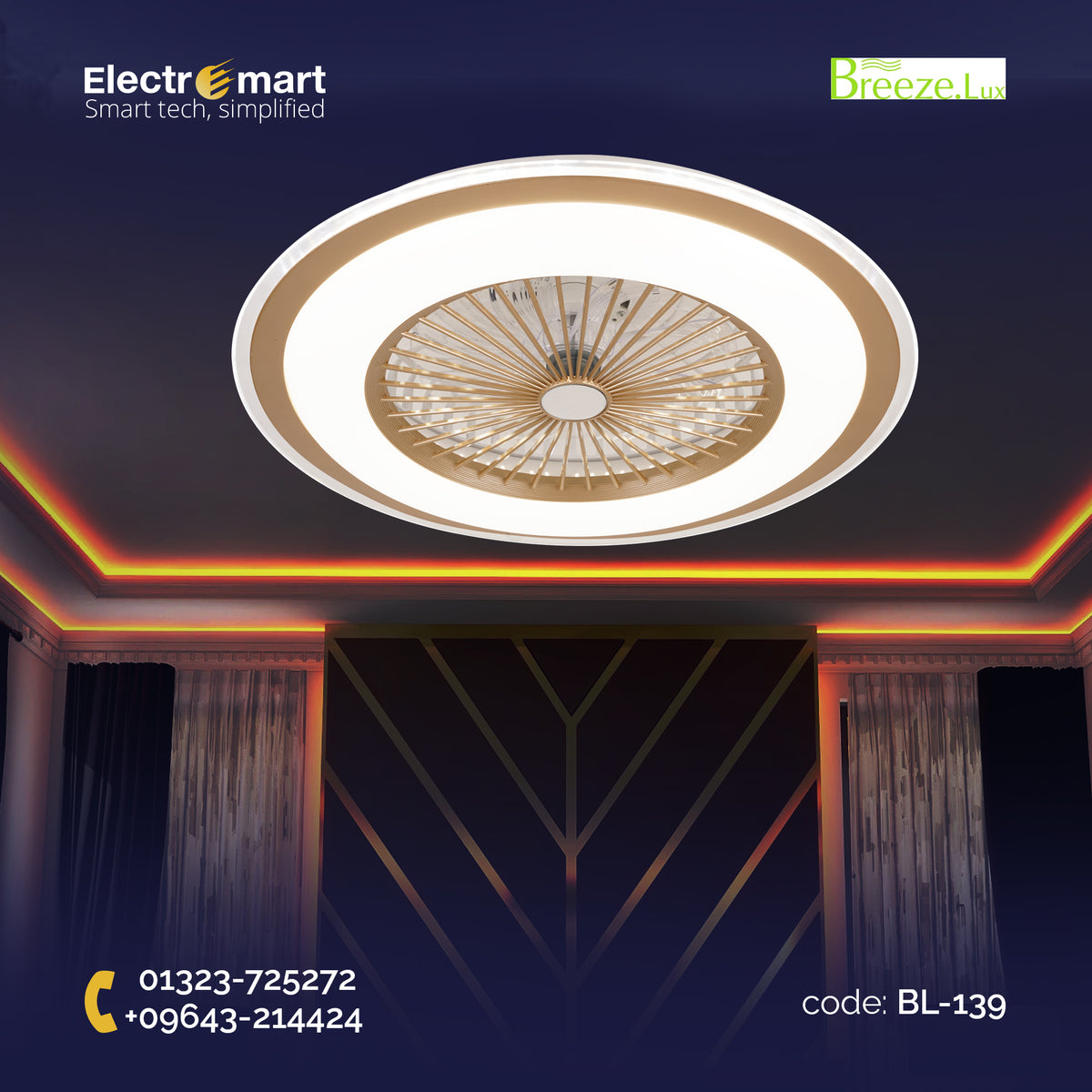 Chandelier Ceiling Fan – Breeze Lux 3 Blade 36" with LED Light & Remote (BL-139, Gold Body & Transparent Blades)