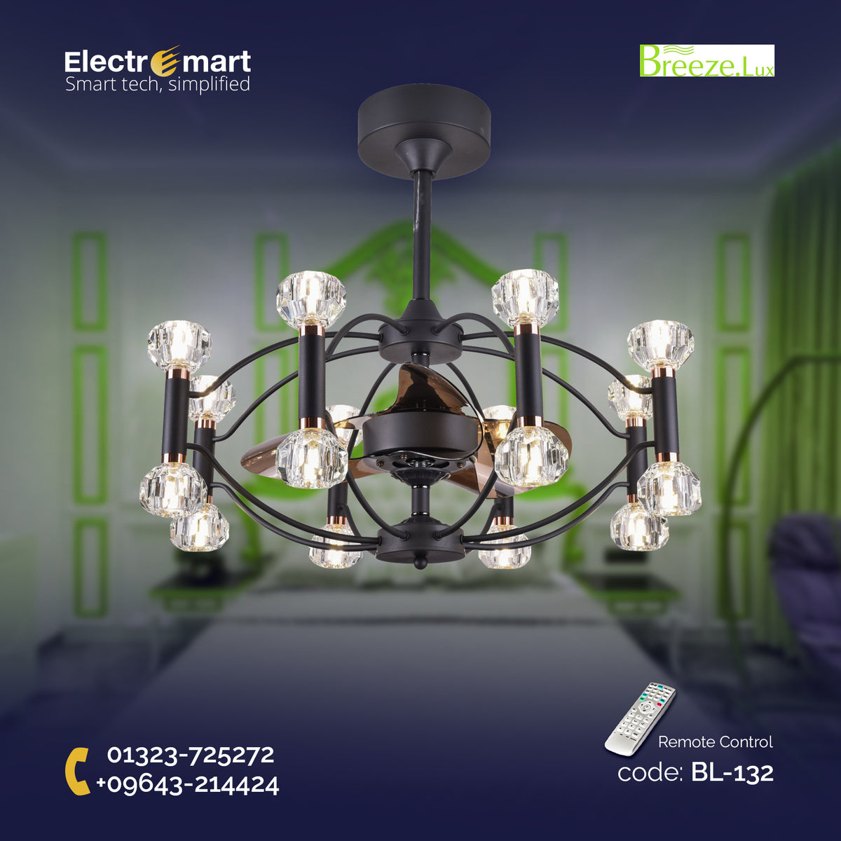 Chandelier Ceiling Fan – Breeze Lux 3 Blade 22" with Crystal Lampshade & Remote (BL-132, Black, Coffee Blades)