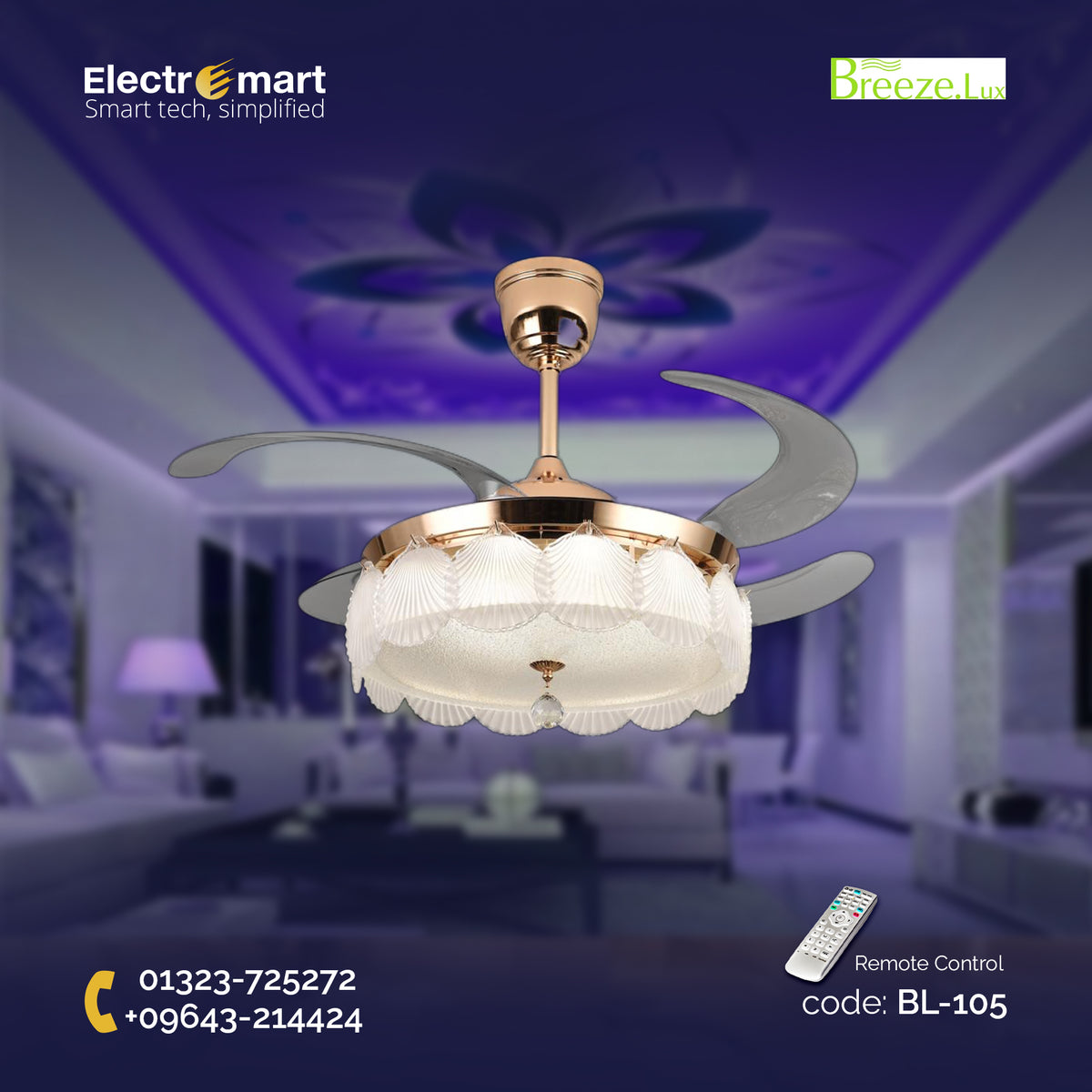 Chandelier Ceiling Fan – Breeze Lux 4 Blade 48" with Crystal Lampshade & Remote (BL-105, S-Gold, Transparent Blades, 96W LED)