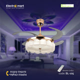 Chandelier Ceiling Fan – Breeze Lux 4 Blade 48" with Crystal Lampshade & Remote (BL-105, S-Gold, Transparent Blades, 96W LED)