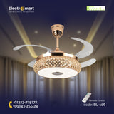 Chandelier Ceiling Fan – Breeze Lux 4 Blade 48" with Crystal Lampshade & Remote (BL-106, S-Gold, Transparent Blades, 96W LED)