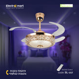 Chandelier Ceiling Fan – Breeze Lux 4 Blade 48" with Crystal Lampshade & Remote (BL-107, S-Gold, Transparent Blades, 96W LED)