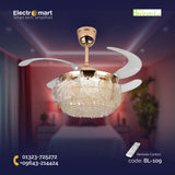 Chandelier Ceiling Fan – Breeze Lux 4 Blade 48" with Crystal Lampshade & Remote (BL-109, S-Gold, Transparent Blades, 96W LED)
