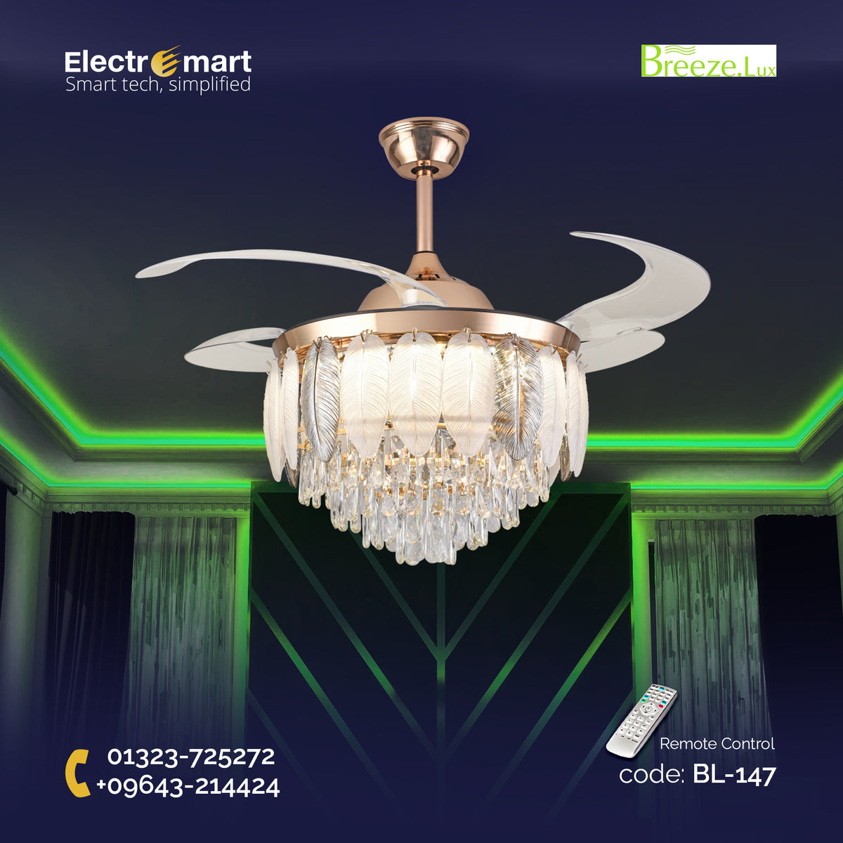 Chandelier Ceiling Fan – Breeze Lux 4 Blade 48" with Crystal Lampshade & Remote (BL-147, Gold, Transparent Blades)