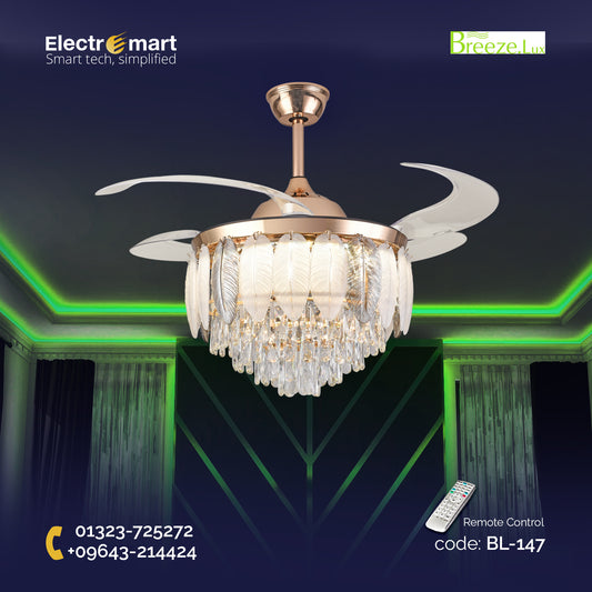 Chandelier Ceiling Fan – Breeze Lux 4 Blade 48" with Crystal Lampshade & Remote (BL-147, Gold, Transparent Blades)