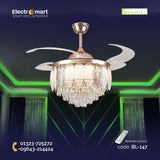 Chandelier Ceiling Fan – Breeze Lux 4 Blade 48" with Crystal Lampshade & Remote (BL-147, Gold, Transparent Blades)
