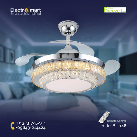Chandelier Ceiling Fan – Breeze Lux 4 Blade 48" with Crystal Lampshade & Remote (BL-148, Chrome, Transparent Blades)