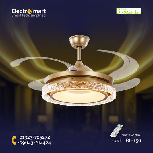 Chandelier Ceiling Fan – Breeze Lux 4 Blade 48" with Crystal Lampshade & Remote (BL-156, Gold, Transparent Blades)