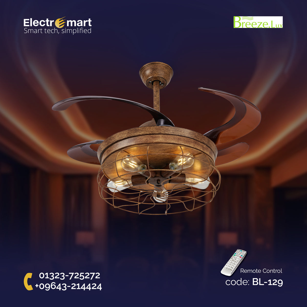 Chandelier Ceiling Fan – Breeze Lux 4 Blade 48" with E27 Light Holders & Remote (BL-129, Weather Wood, Coffee Blades)
