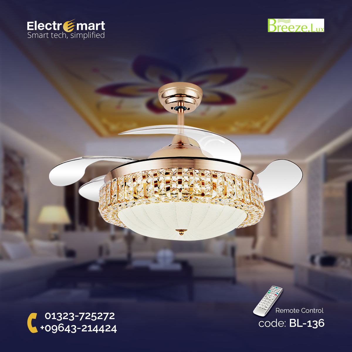 Chandelier Ceiling Fan – Breeze Lux 4 Blade 48" with Glass Lampshade & Remote (BL-136, S-Gold, Transparent Blades)