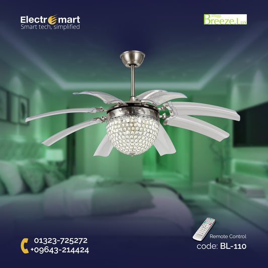Chandelier Ceiling Fan – Breeze Lux 4 Blade 48" with LED Light & Remote (BL-110, Black, Coffee Blades, Crystal Lampshade)
