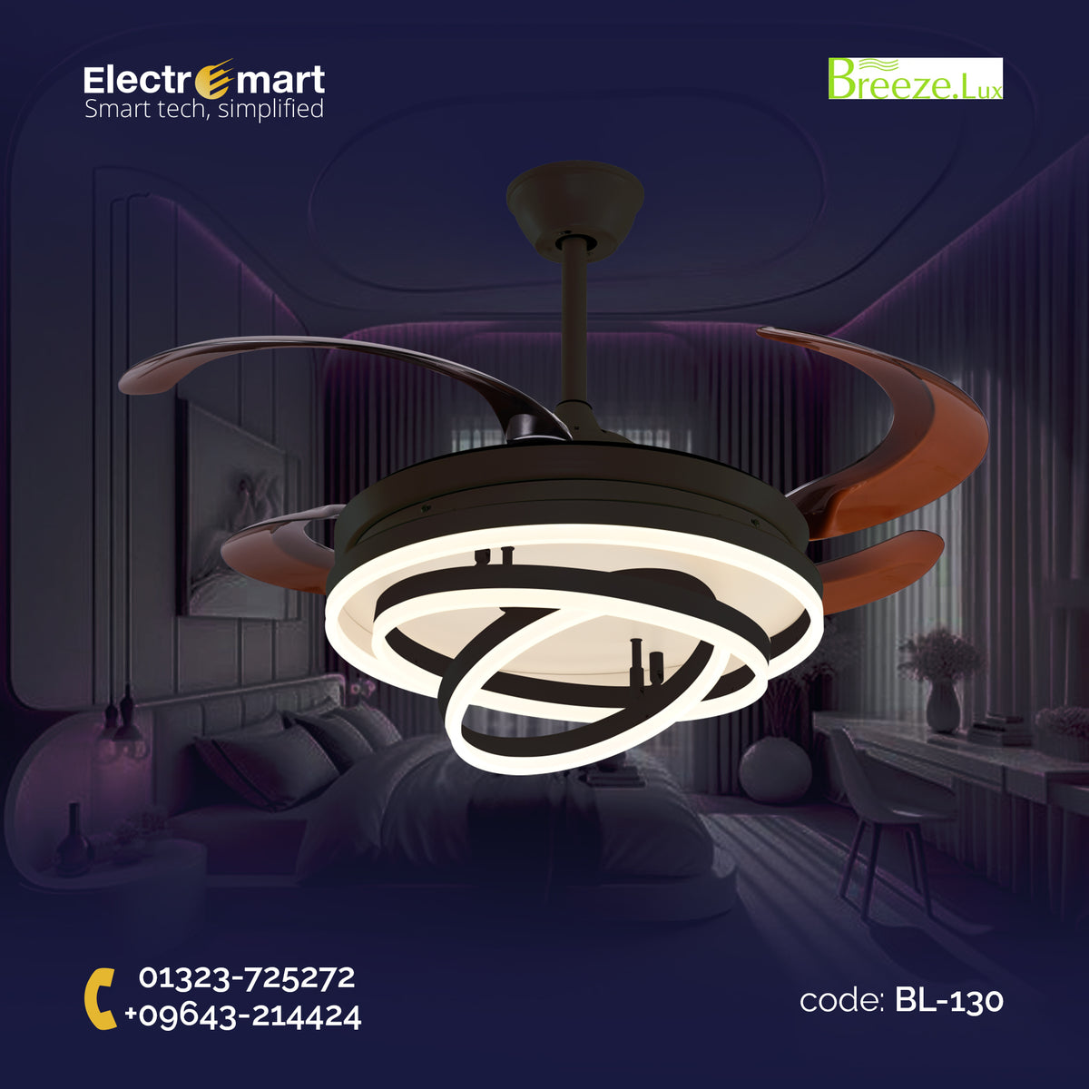 Chandelier Ceiling Fan – Breeze Lux 4 Blade 48" with LED Light & Remote (BL-130, Black & Coffee)