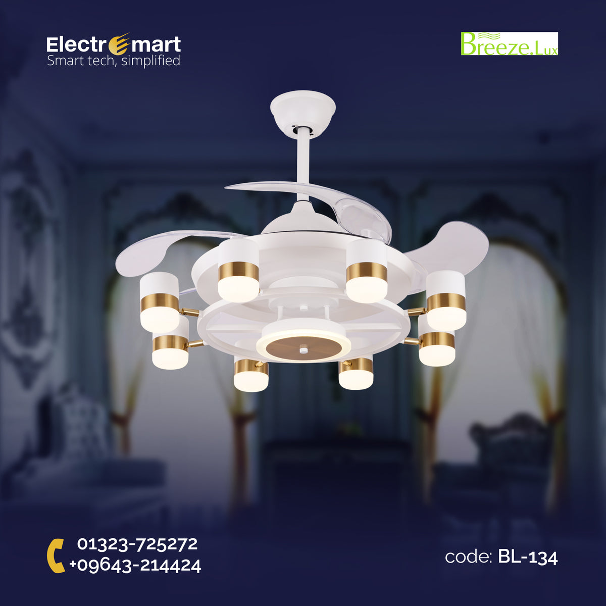 Chandelier Ceiling Fan – Breeze Lux 4 Blade 48" with LED Light & Remote (BL-134, White & Gold, Transparent Blades)