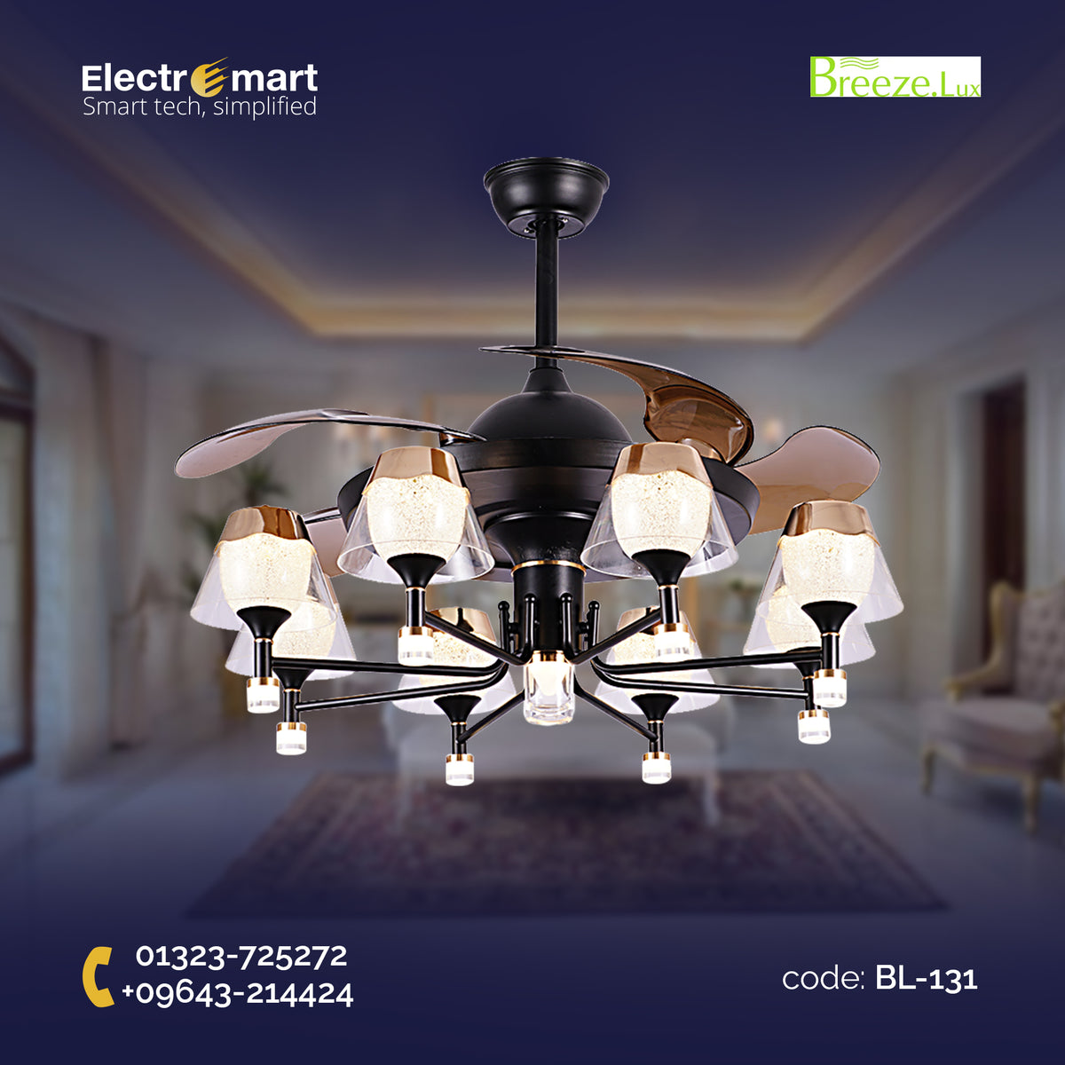 Luxara-Chandelier-Ceiling-Fan-4-Blade-with-Glass-Lampshade-&-Remote-(LXC-111,-Black-&-Gold,-Coffee-Blades)