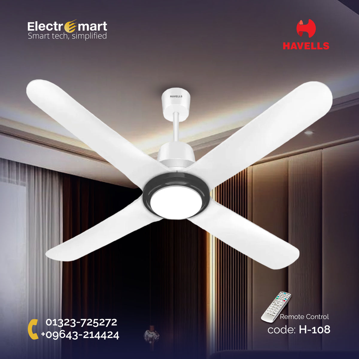 Havells Libeccio BLDC UL - 1200mm ABS Blades RF remote 4 blade Underlight Ceiling Fan (Pearl White)