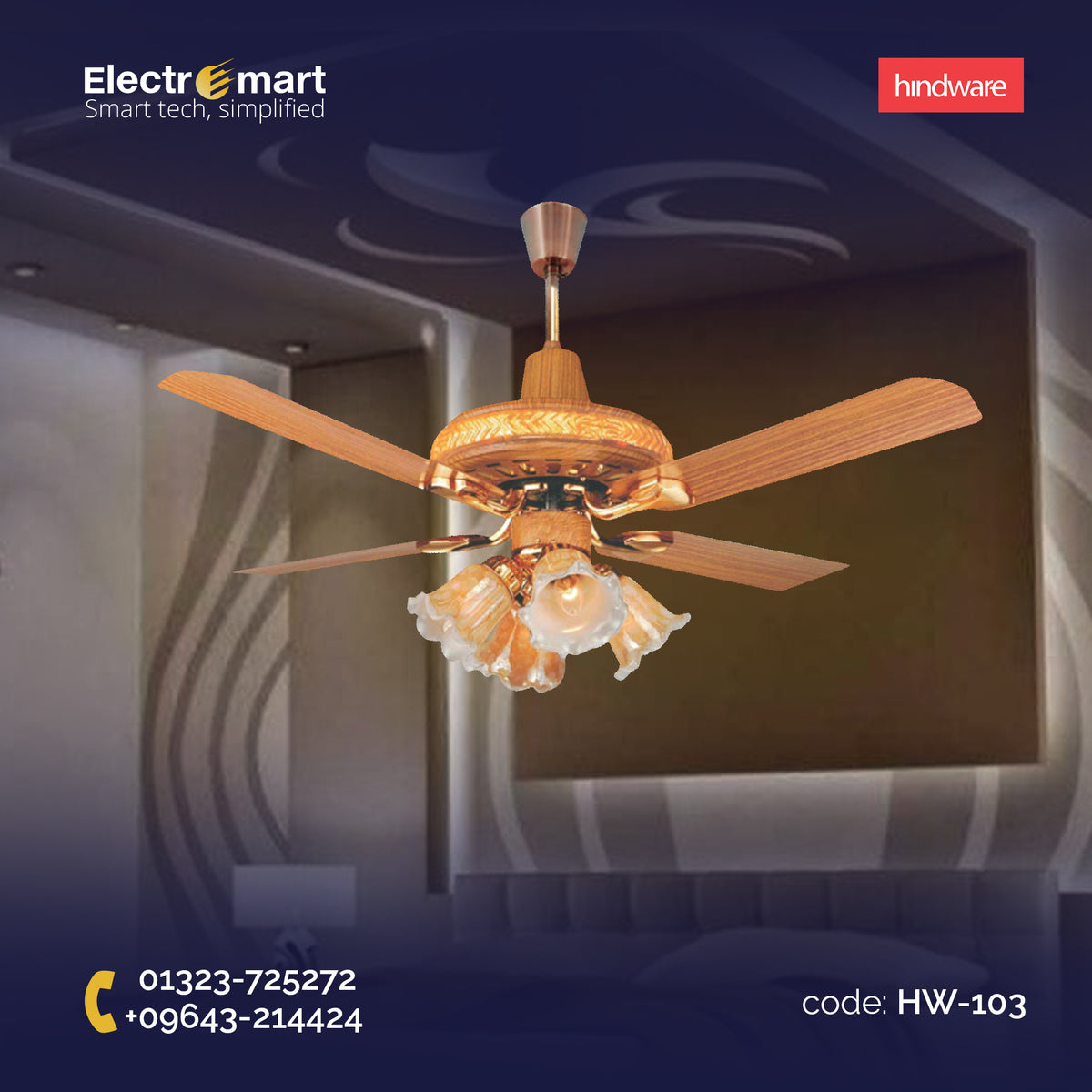 Hindware Ambience 48" Decorative Ceiling Fan with Lights – Teak Wood Finish (HW-103)