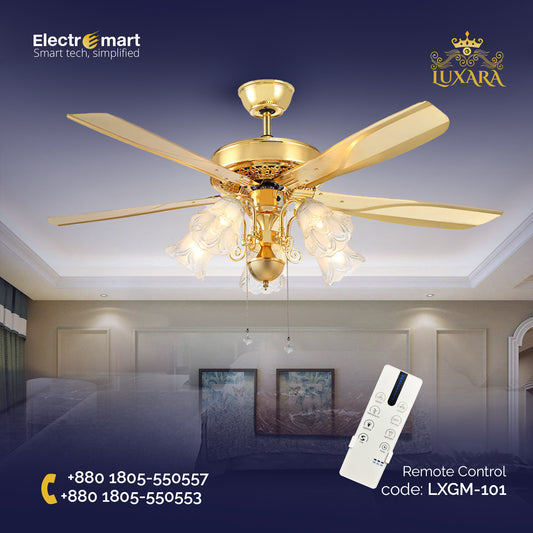 Luxara Grand Majestic 5 Blades 52" Luxury Ceiling Fan with Handcrafted Floral Glass LED Light & BLDC Motor – Polished Gold Finish, LX-GM-101