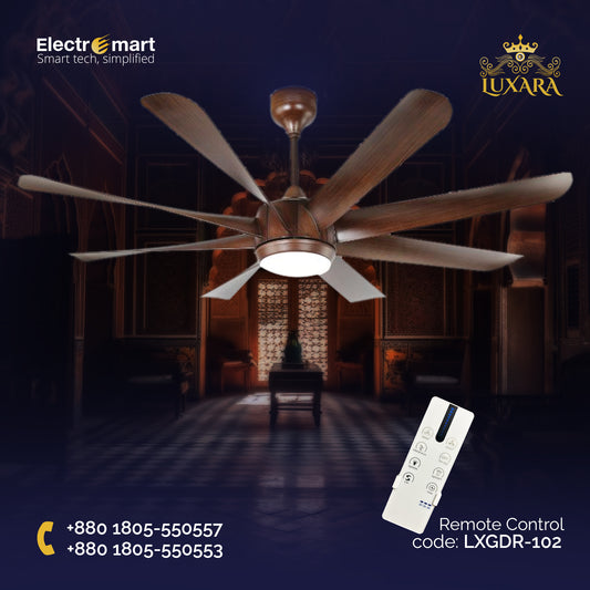 Luxara Grandeur 8 blades 62" Ceiling Fan - Ultra-Silent BLDC Motor, ABS Aero-Blades with Tri-Color LED Under light & Remote Control (Dark Wood), LXGDR-102