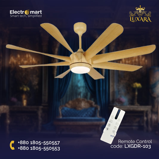 Luxara Grandeur 8 blades 62" Ceiling Fan- Ultra-Silent BLDC Motor, ABS Aero-Blades with Tri-Color LED Under light & Remote Control (Light Wood), LXGDR-103