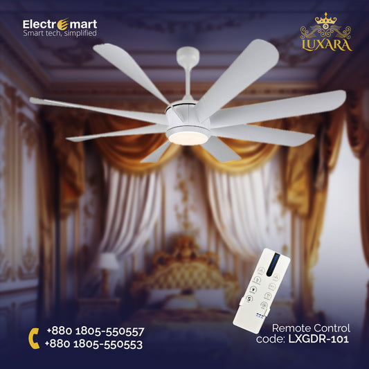 Luxara Grandeur 8 blade 62" Ceiling Fan- Ultra-Silent BLDC Motor, ABS Aero-Blades with Tri-Color LED Under light & Remote Control (White), LXGDR-101