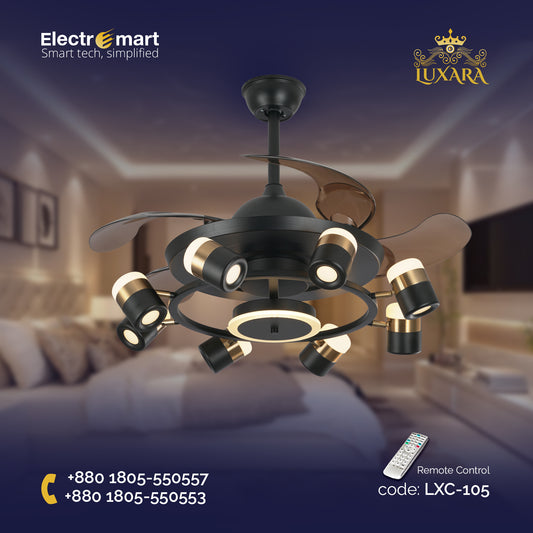 Luxara Chandelier Ceiling Fan (LXC-105) – Black & Gold with Coffee Blades