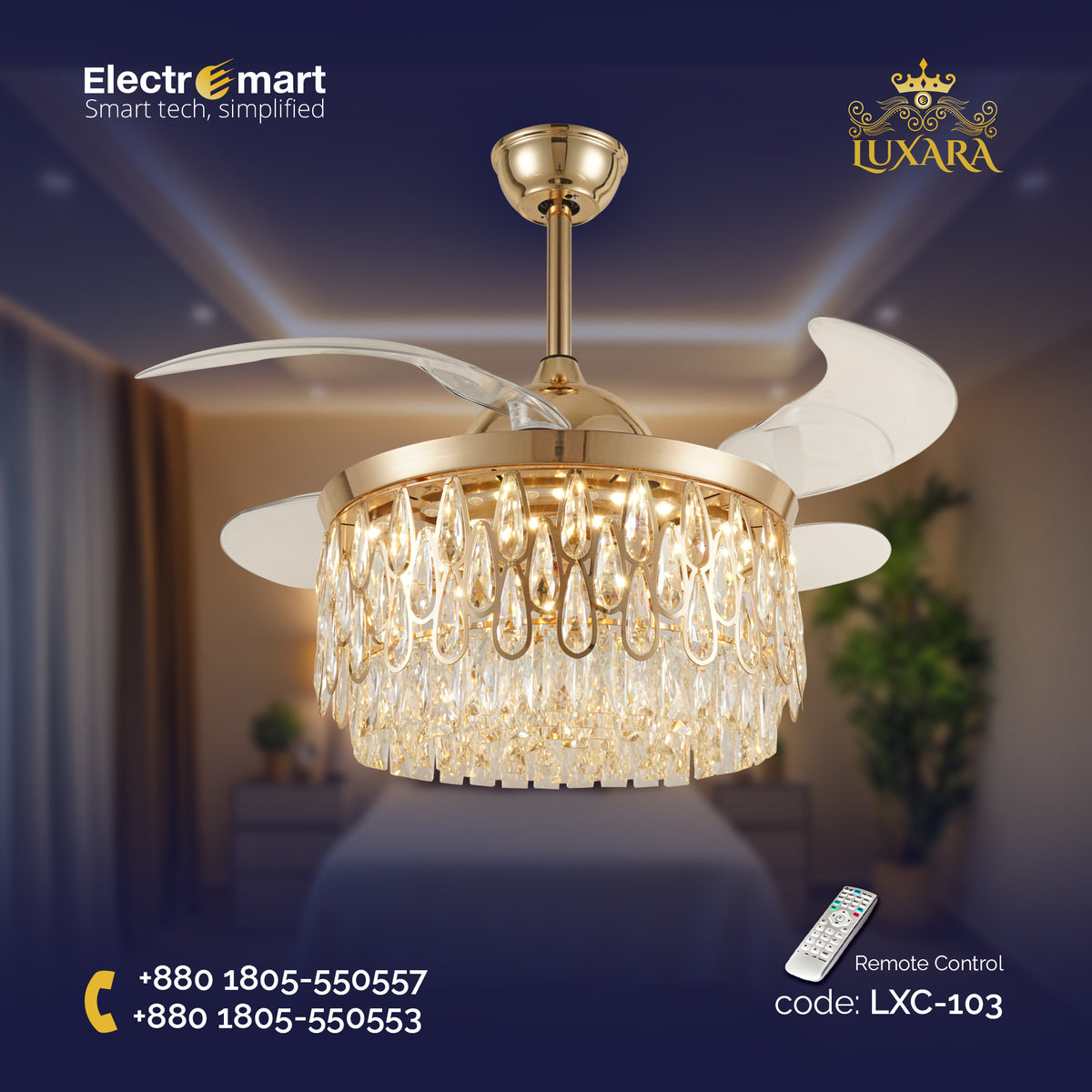 Luxara Chandelier Ceiling Fan (LXC-103) – S Gold with Transparent Blades & Crystal Lampshade