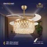 Luxara Chandelier Ceiling Fan (LXC-103) – S Gold with Transparent Blades & Crystal Lampshade