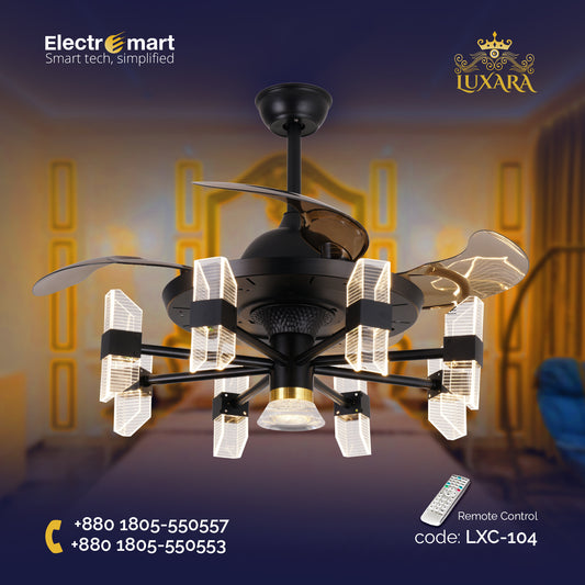 Luxara Chandelier Ceiling Fan (LXC-104) – Black & Gold with Coffee Blades