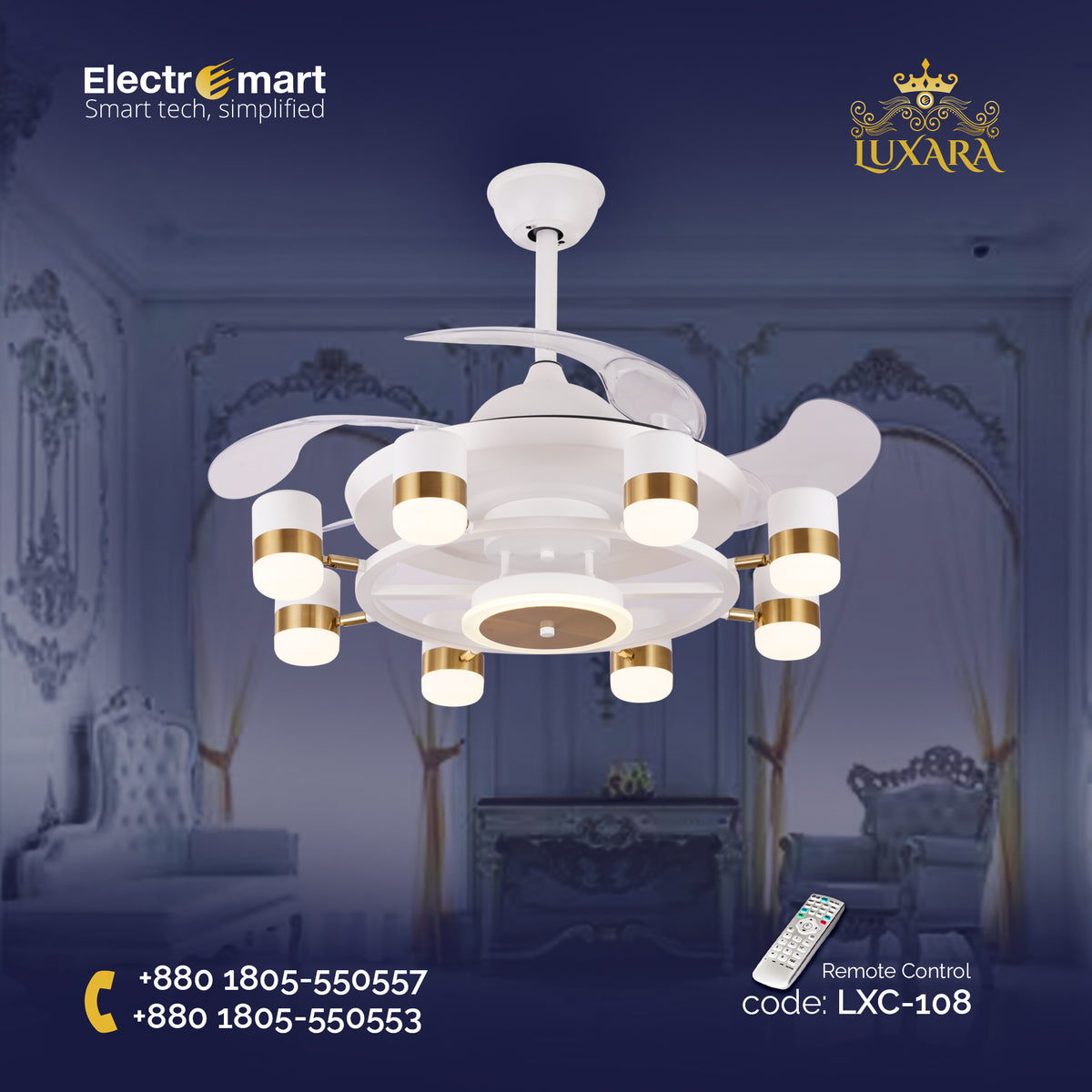 Luxara Chandelier Ceiling Fan (LXC-108) – White & Gold with Transparent Blades