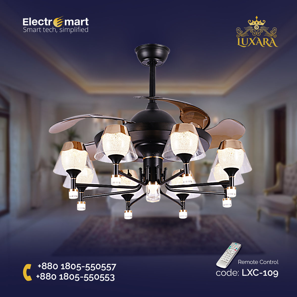 Luxara Chandelier Ceiling Fan (LXC-109) – Black & Gold with Coffee Blades