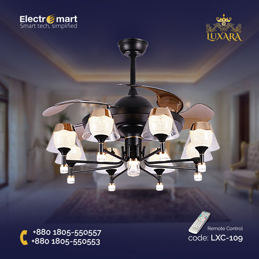 Luxara Chandelier Ceiling Fan (LXC-109) – Black & Gold with Coffee Blades