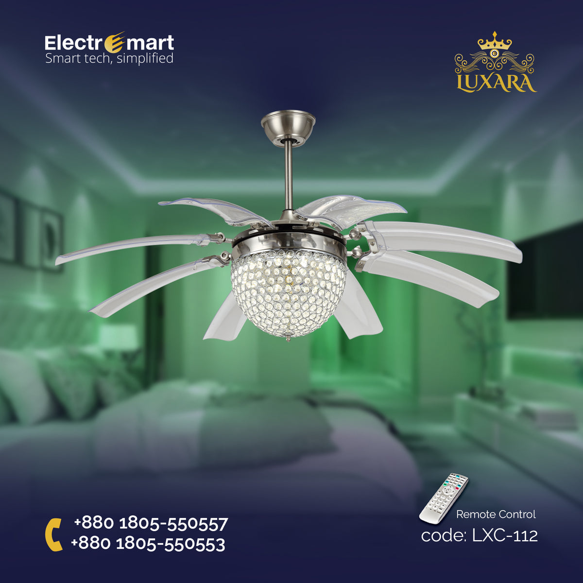 Luxara-Chandelier-Ceiling-Fan-4-Blade-with-LED-Light-&-Remote-(LXC-112,-Black,-Coffee-Blades,-Crystal-Lampshade)