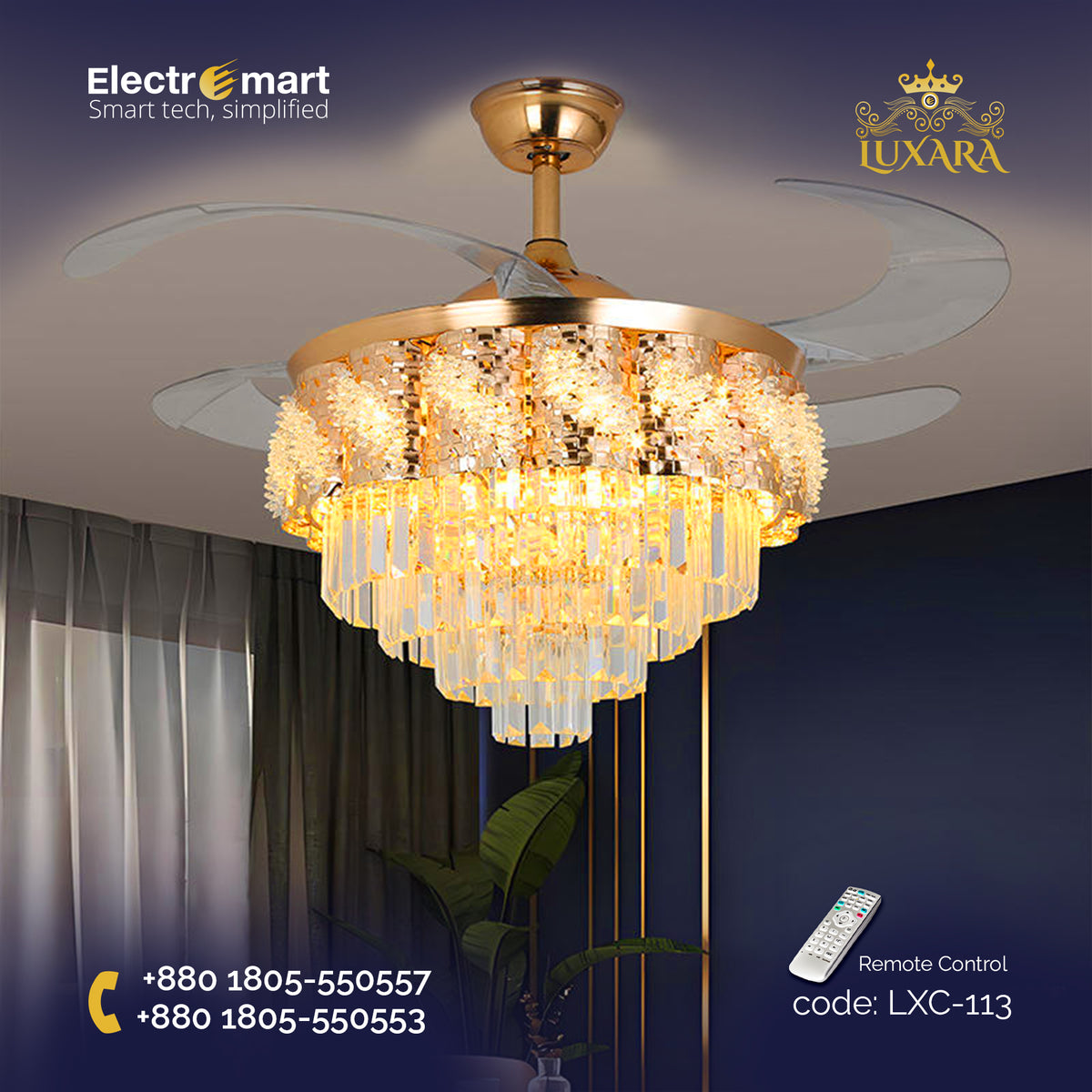 Luxara Chandelier Ceiling Fan (LXC-113) – S Gold with Transparent Blades & Crystal Lampshade