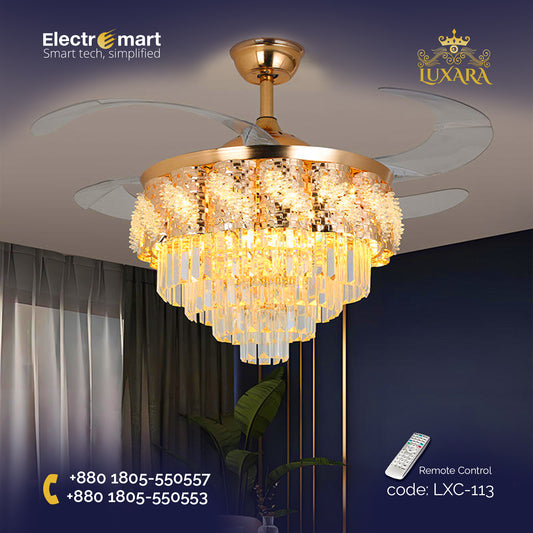 Luxara Chandelier Ceiling Fan (LXC-113) – S Gold with Transparent Blades & Crystal Lampshade